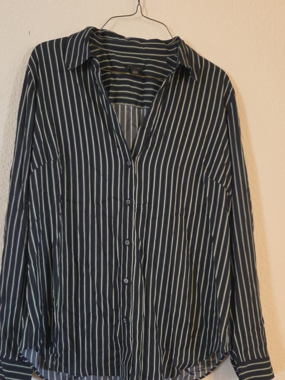 Ann Taylor Navy, Green and White Vertical Stripe Button-Down Shirt